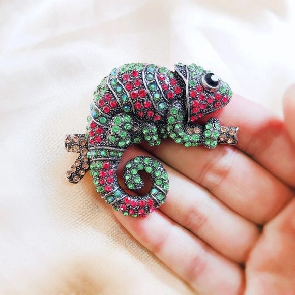Pink Green rhinestone Camelion Pin Broach - Picture 2 of 4